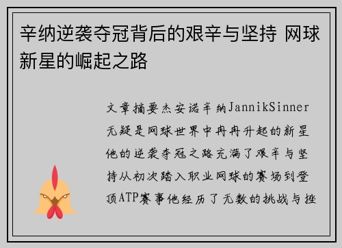 辛纳逆袭夺冠背后的艰辛与坚持 网球新星的崛起之路