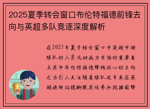 2025夏季转会窗口布伦特福德前锋去向与英超多队竞逐深度解析