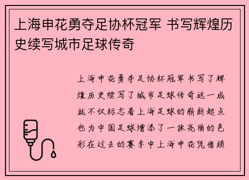 上海申花勇夺足协杯冠军 书写辉煌历史续写城市足球传奇